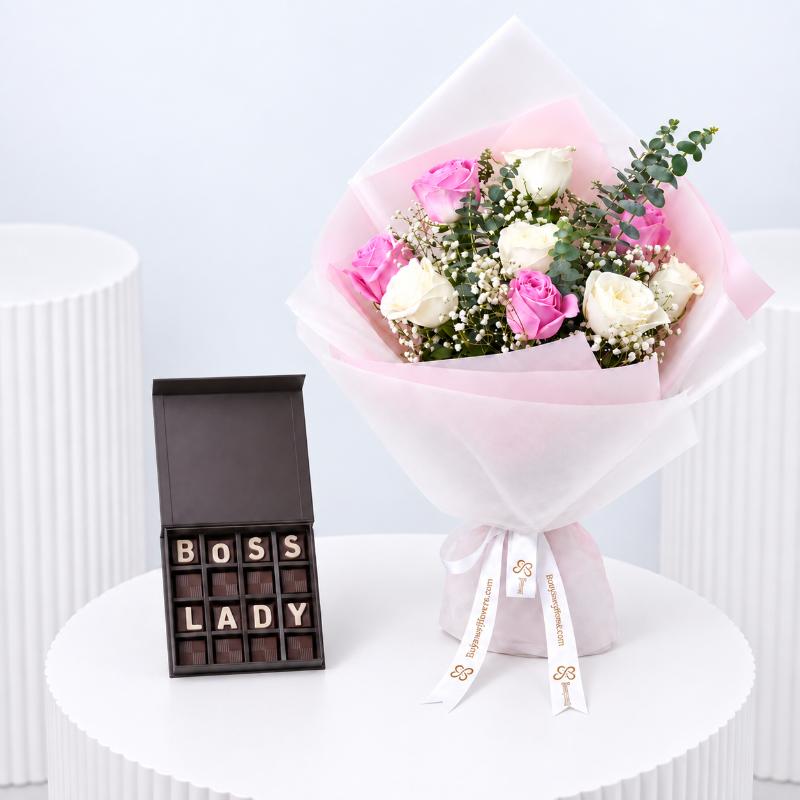 Pastel Grace 9 Roses Bouquet With Chocolate - Gift Sets gift from Buy Any Flowers Dubai in Al Quoz Industrial Area 4, Dubai, UAE