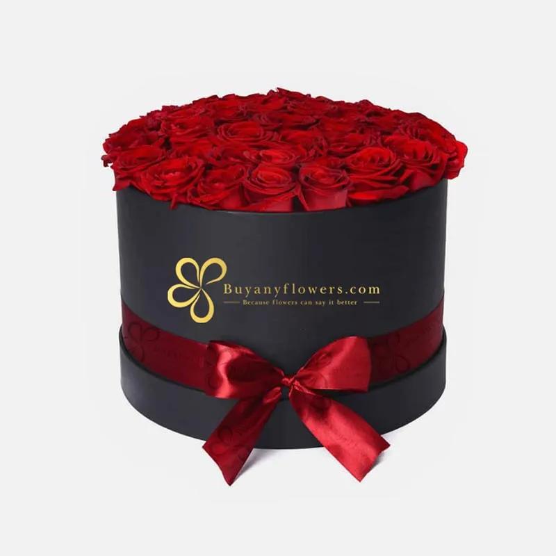 Lovable Red Roses in Black Round Box