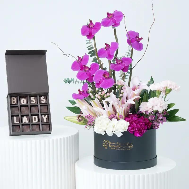 Harmony Mix Flower Box With Chocolate - Gift Sets gift from Buy Any Flowers Dubai in Al Quoz Industrial Area 4, Dubai, UAE