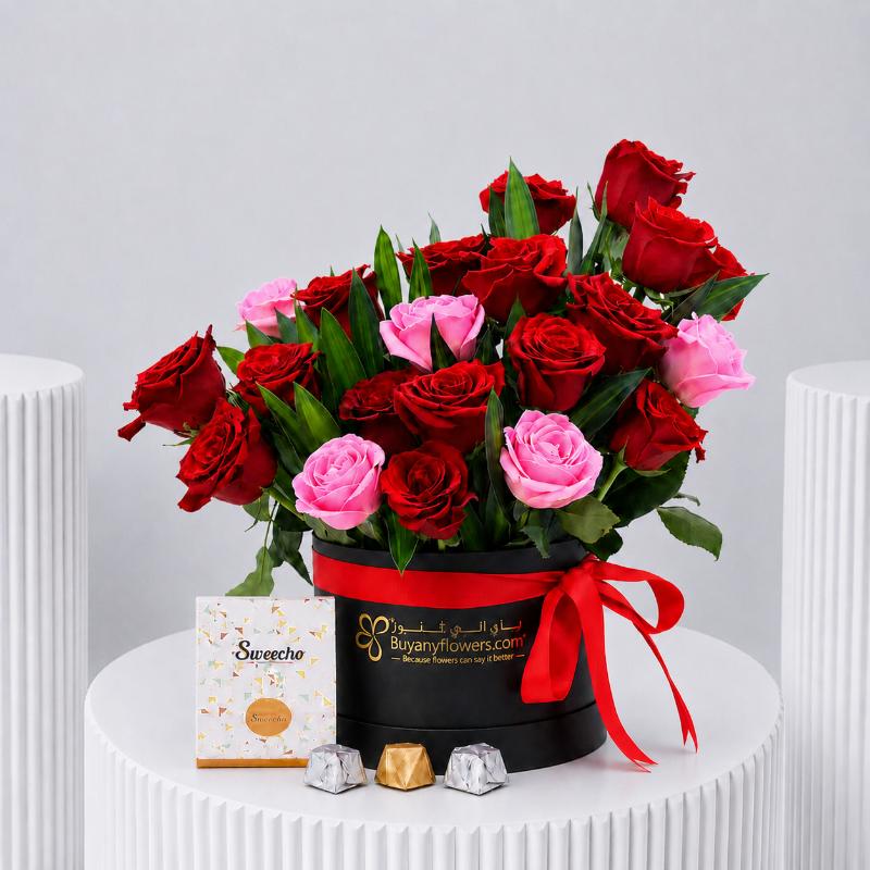 For Love 21 Roses Box and Chocolates - Gift Sets gift from Buy Any Flowers Dubai in Al Quoz Industrial Area 4, Dubai, UAE
