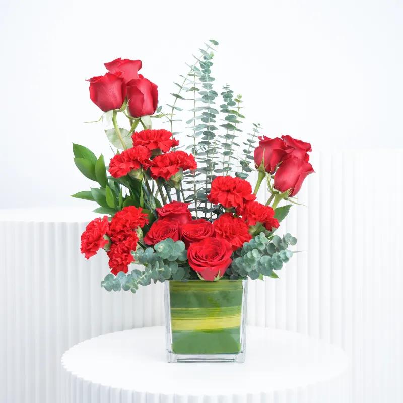 Eternal Red Roses and Carnations in Vase - Flowers gift from Buy Any Flowers Dubai in Al Quoz Industrial Area 4, Dubai, UAE