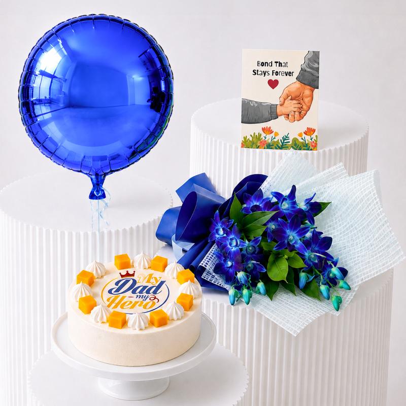 Blue Orchid and Mango Cake Celebration Set - Gift Sets gift from Buy Any Flowers Dubai in Al Quoz Industrial Area 4, Dubai, UAE