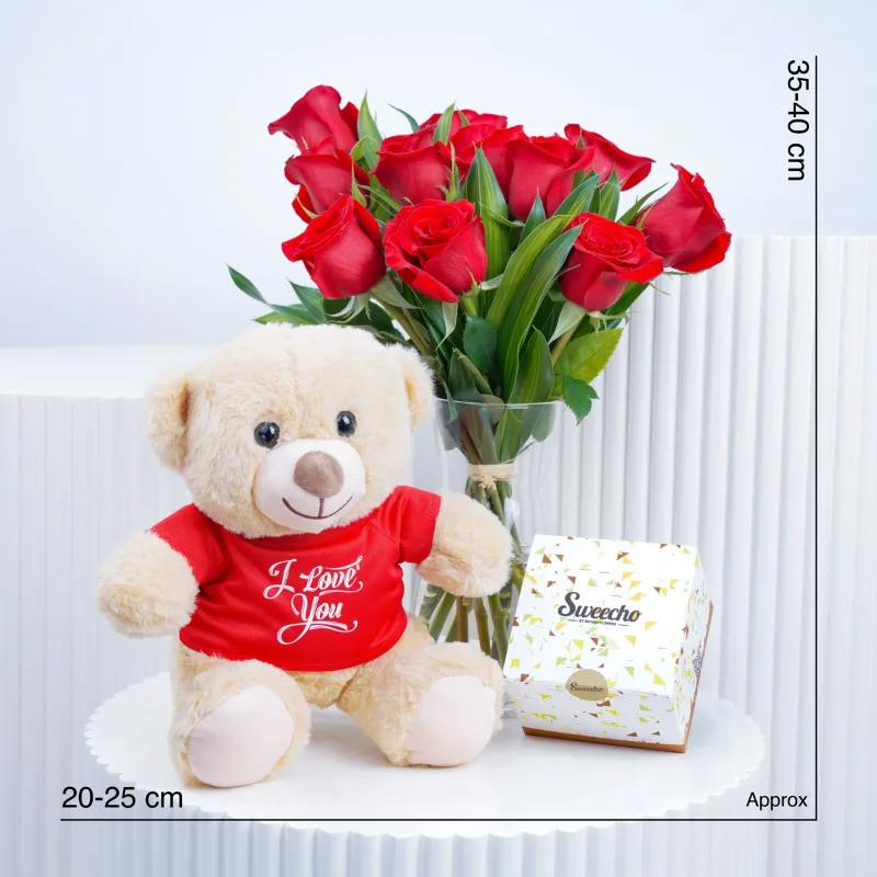 Beauty 11 Red Roses Vase with Teddy and Chocolate - Gift Sets gift from Buy Any Flowers Dubai in Al Quoz Industrial Area 4, Dubai, UAE - image 4
