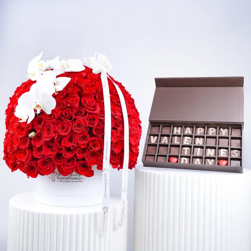 My Queen 251 Red Roses in Box and Chocolates - Gift Sets gift from Buy Any Flowers Dubai in Al Quoz Industrial Area 4, Dubai, UAE