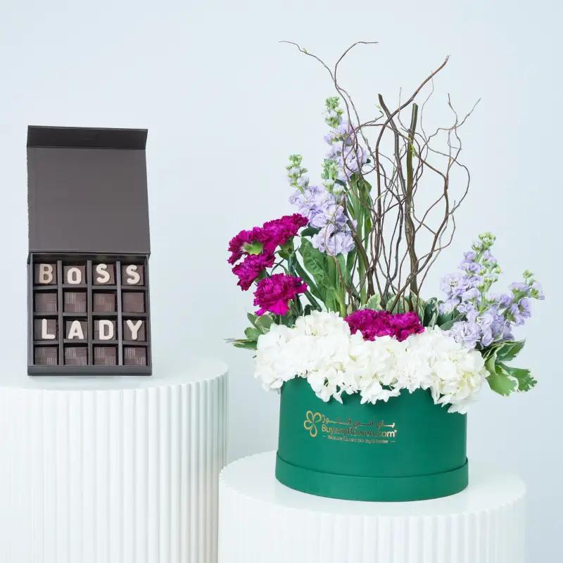 Royal Violet Bloom Box With Chocolate - Gift Sets gift from Buy Any Flowers Dubai in Al Quoz Industrial Area 4, Dubai, UAE