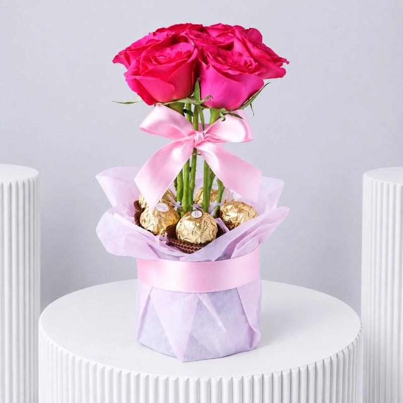 Roses and Premium Chocolate Vase - Chocolates gift from Buy Any Flowers Dubai in Al Quoz Industrial Area 4, Dubai, UAE