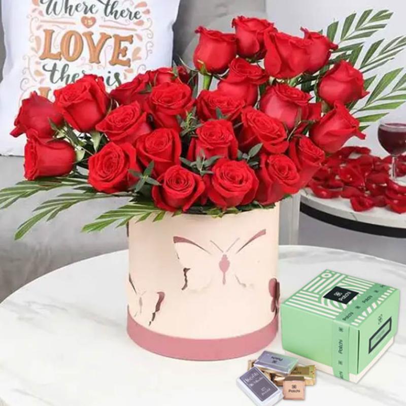Butterfly 25 Red Roses Box and Deluxe Patchi Chocolates thumbnail 3