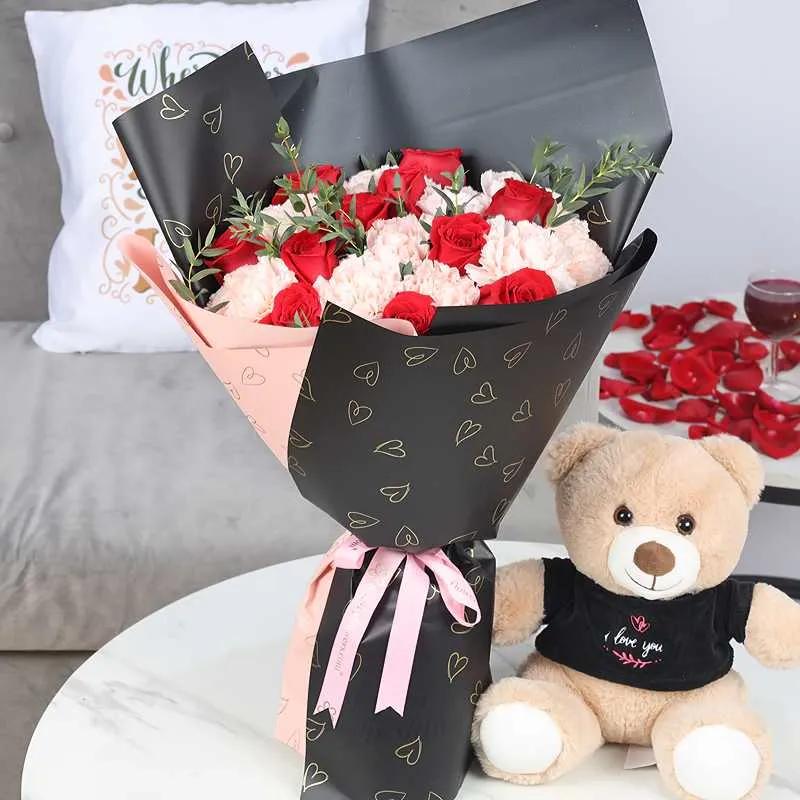 Queen 21 Roses N Carnations Bouquet with I Love You Teddy thumbnail 3