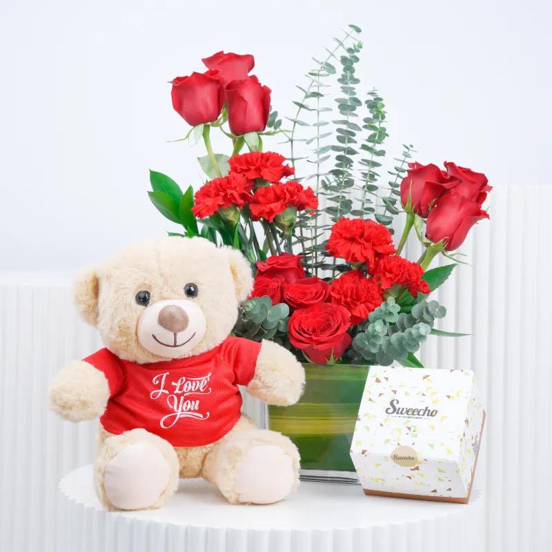 Eternal Red Roses and Carnations in Vase Trio - Gift Sets gift from Buy Any Flowers Dubai in Al Quoz Industrial Area 4, Dubai, UAE