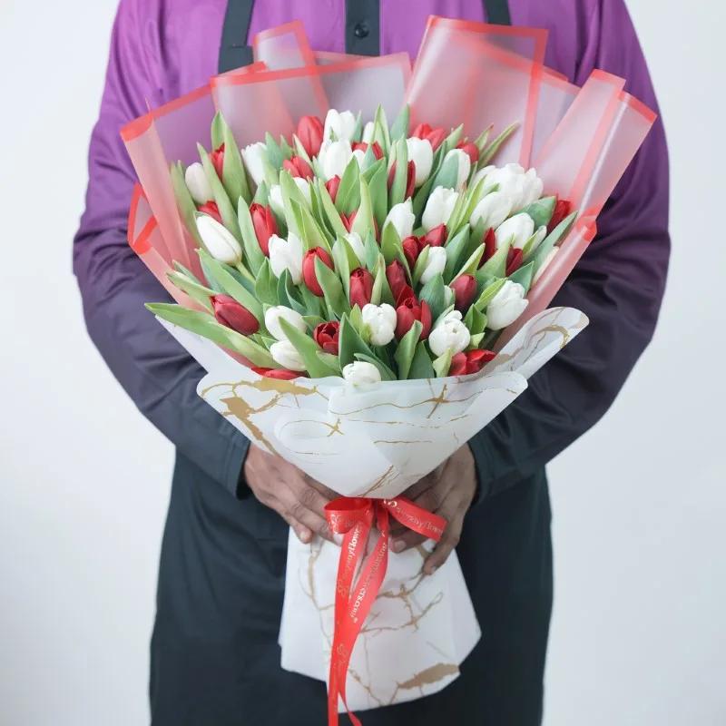 Beauty 51 Red and White Tulips Bouquet With Chocolate - Gift Sets gift from Buy Any Flowers Dubai in Al Quoz Industrial Area 4, Dubai, UAE - image 2