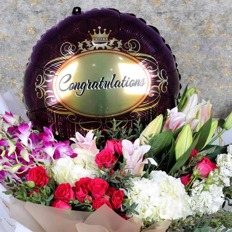 Elegant Flowers and Congratulations Balloon Bouquet thumbnail 3