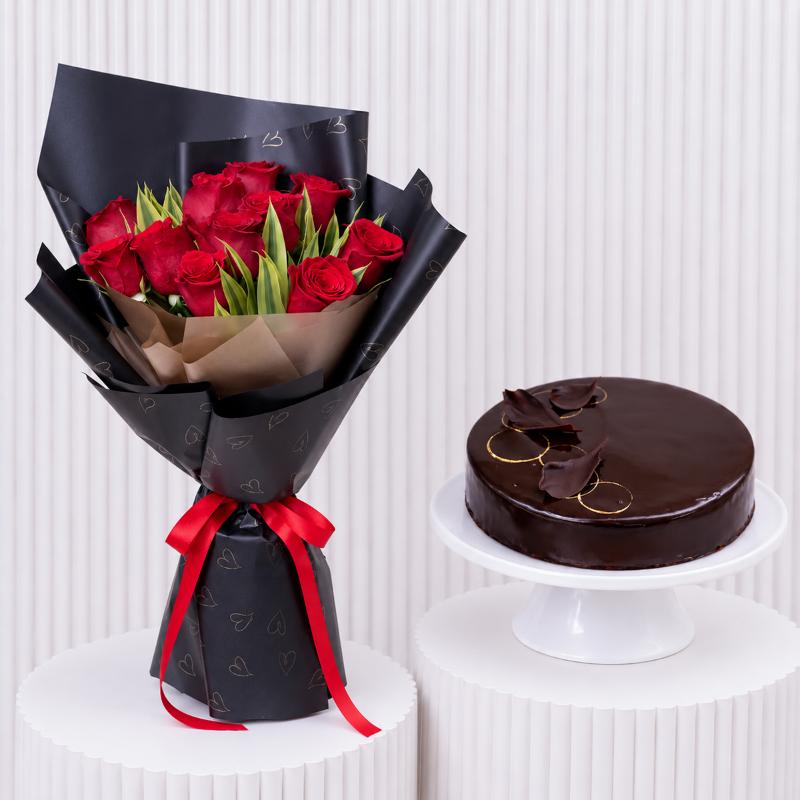 Beauty Red Roses and Truffle Cake - Gift Sets gift from Buy Any Flowers Dubai in Al Quoz Industrial Area 4, Dubai, UAE
