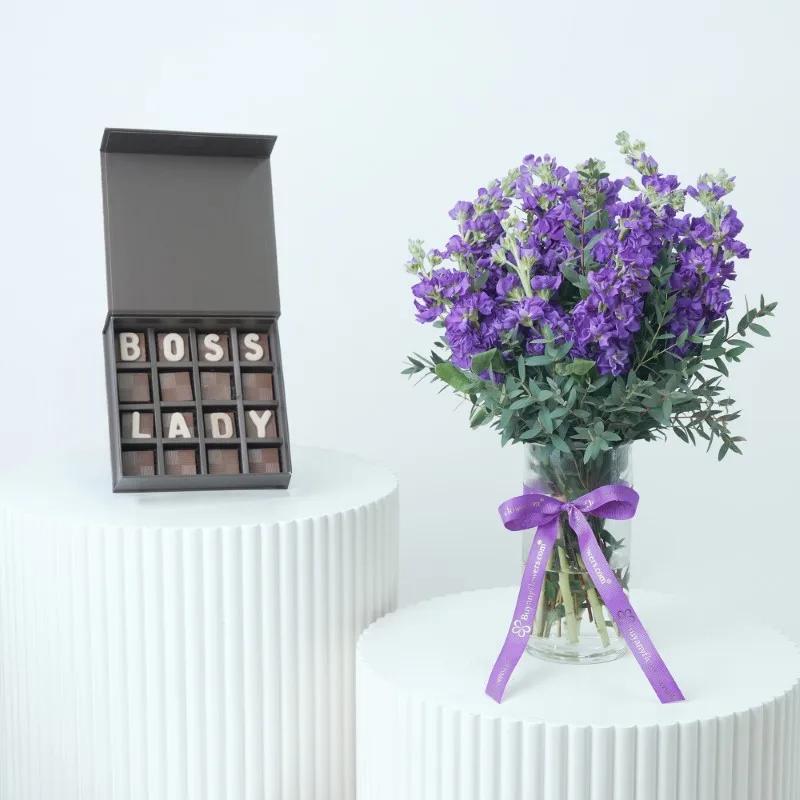 Purple Beauty 11 Matthiola With Chocolate - Gift Sets gift from Buy Any Flowers Dubai in Al Quoz Industrial Area 4, Dubai, UAE