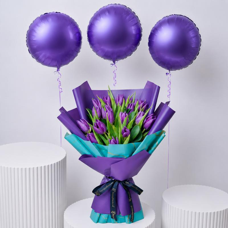Purple Beauty Tulip and Balloon Duo - Gift Sets gift from Buy Any Flowers Dubai in Al Quoz Industrial Area 4, Dubai, UAE