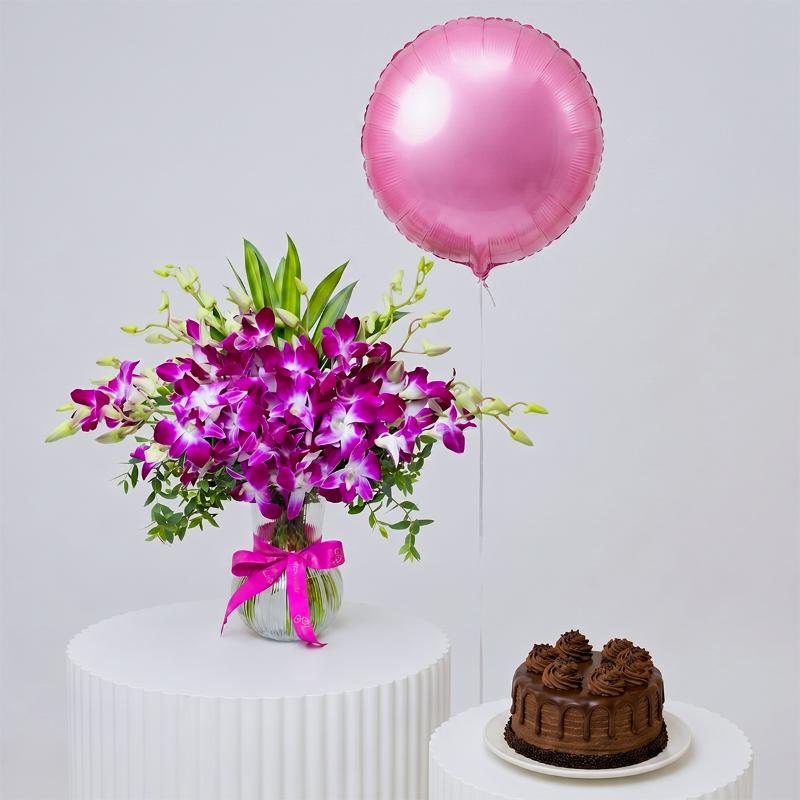 11 Purple Orchid and Cake Bundle - Gift Sets gift from Buy Any Flowers Dubai in Al Quoz Industrial Area 4, Dubai, UAE