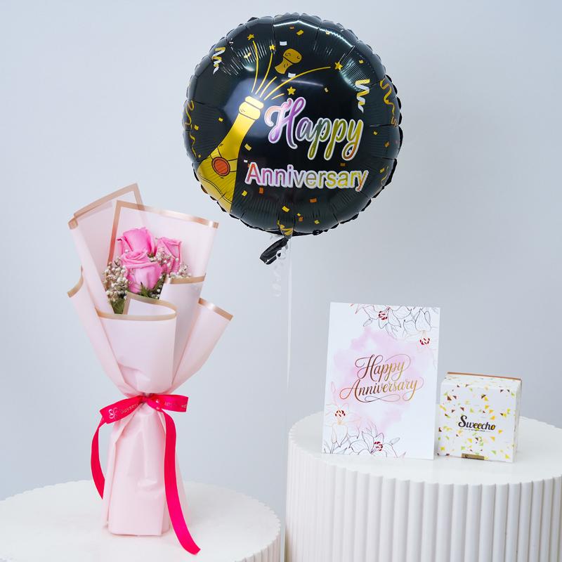 Pink Roses & Chocolates with Anniversary Balloon - Gift Sets gift from Buy Any Flowers Dubai in Al Quoz Industrial Area 4, Dubai, UAE