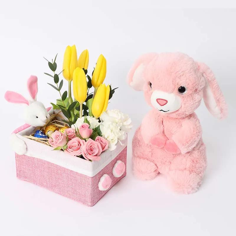 Chocolate Floral Bunny Box and Soft Toy Pink