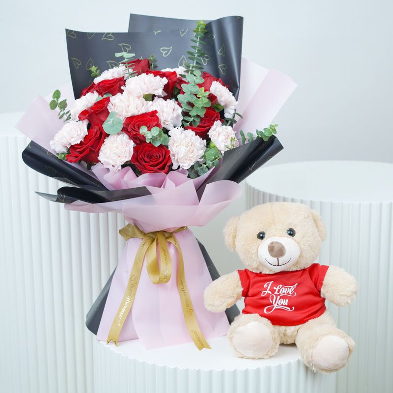 Queen 21 Roses N Carnations Bouquet with I Love You Teddy 1