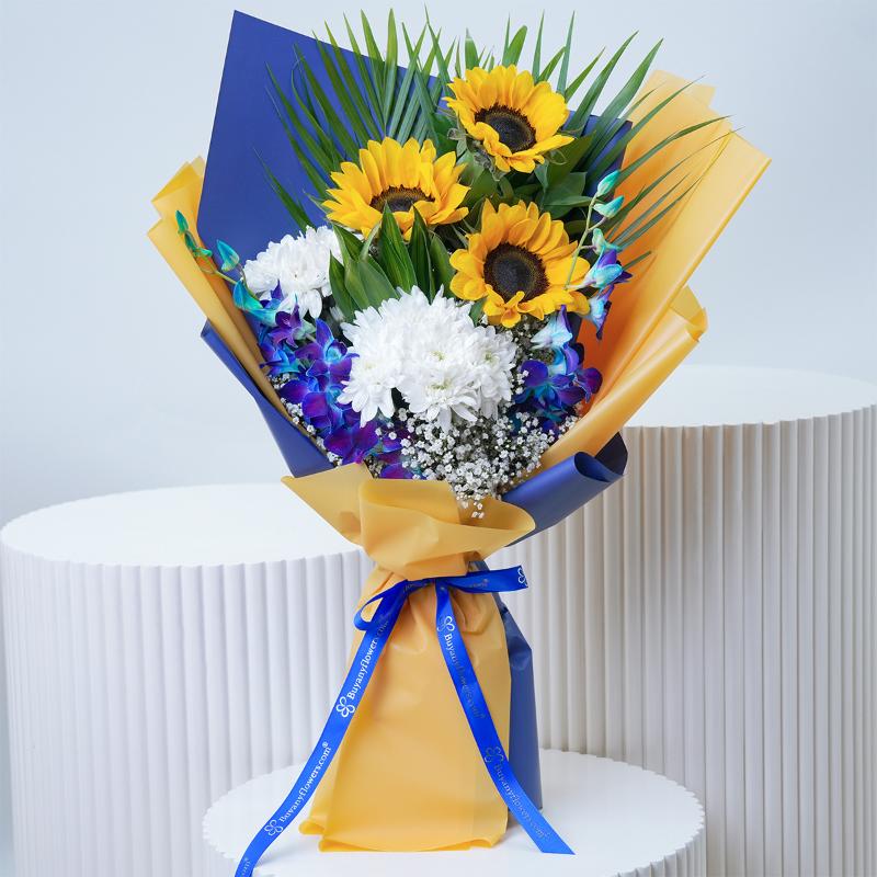 Sunny Sunflower and Orchid Bouquet - Flowers gift from Buy Any Flowers Dubai in Al Quoz Industrial Area 4, Dubai, UAE