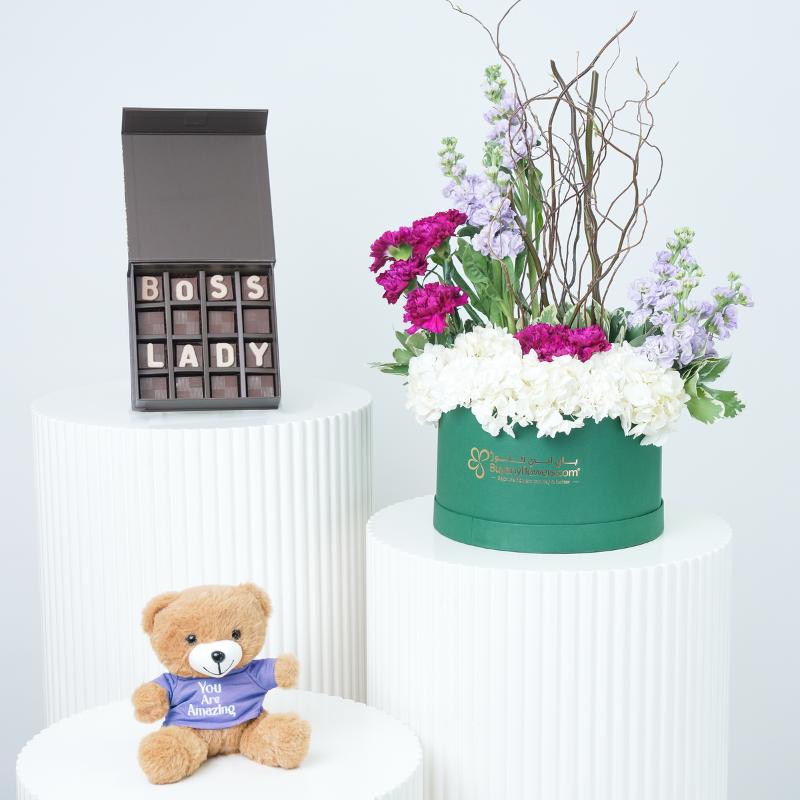 Royal Violet Bloom Box Trio - Gift Sets gift from Buy Any Flowers Dubai in Al Quoz Industrial Area 4, Dubai, UAE