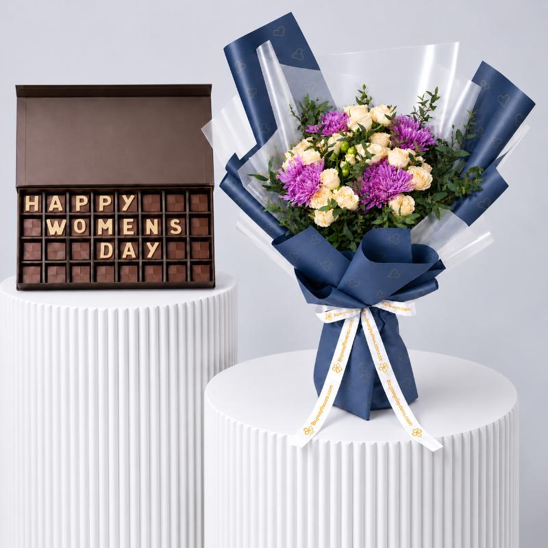Peach Radiance Flower Bouquet with Chocolate - Gift Sets gift from Buy Any Flowers Dubai in Al Quoz Industrial Area 4, Dubai, UAE
