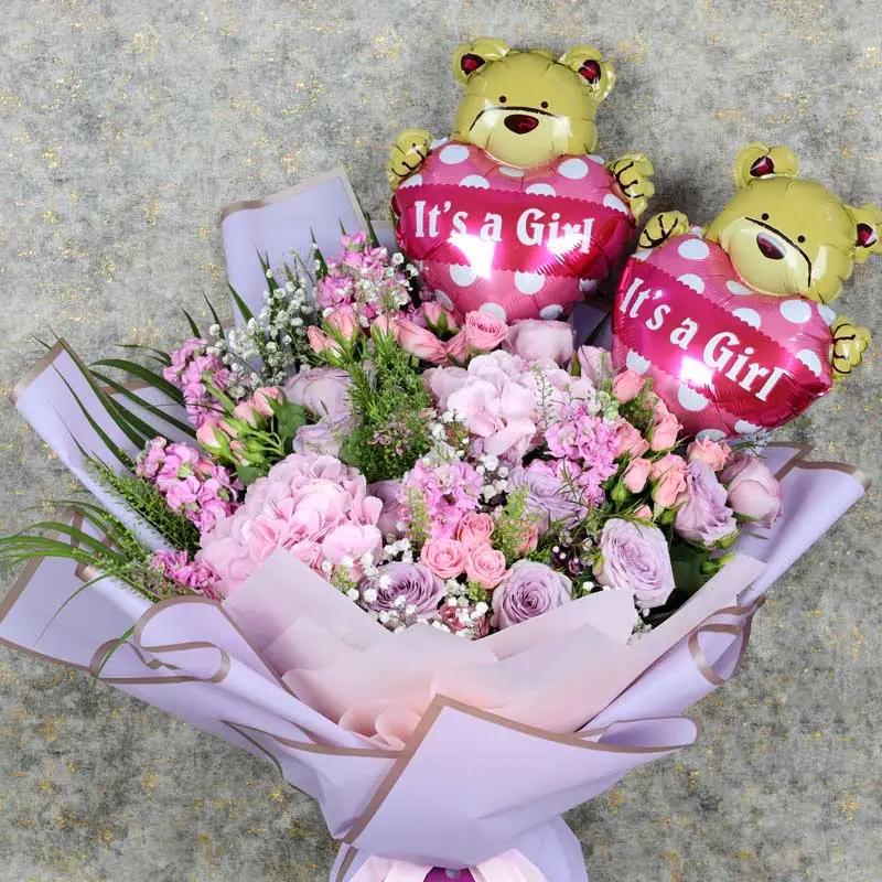 Pastel Flowers and Its a Girl Balloons Bouquet thumbnail 2