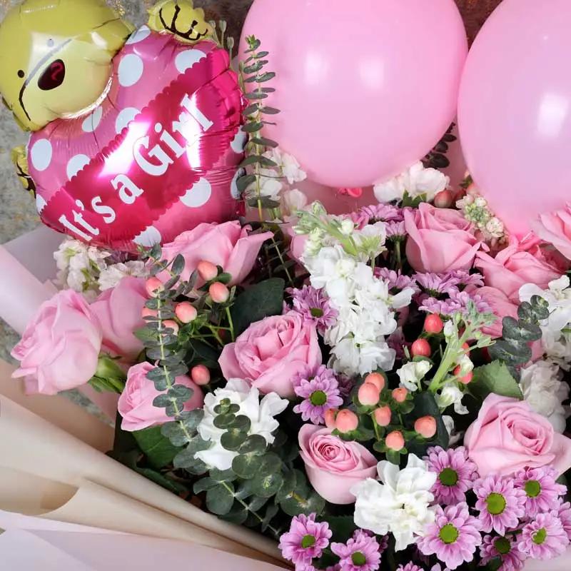 Pink Flowers and Its a Girl Balloons Bouquet - Balloons gift from Buy Any Flowers Dubai in Al Quoz Industrial Area 4, Dubai, UAE - image 3