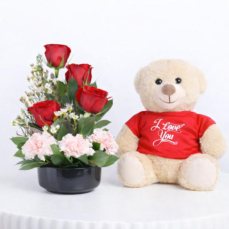 Memories 7 Roses and Carnation Arrangement With Teddy - Gift Sets gift from Buy Any Flowers Dubai in Al Quoz Industrial Area 4, Dubai, UAE