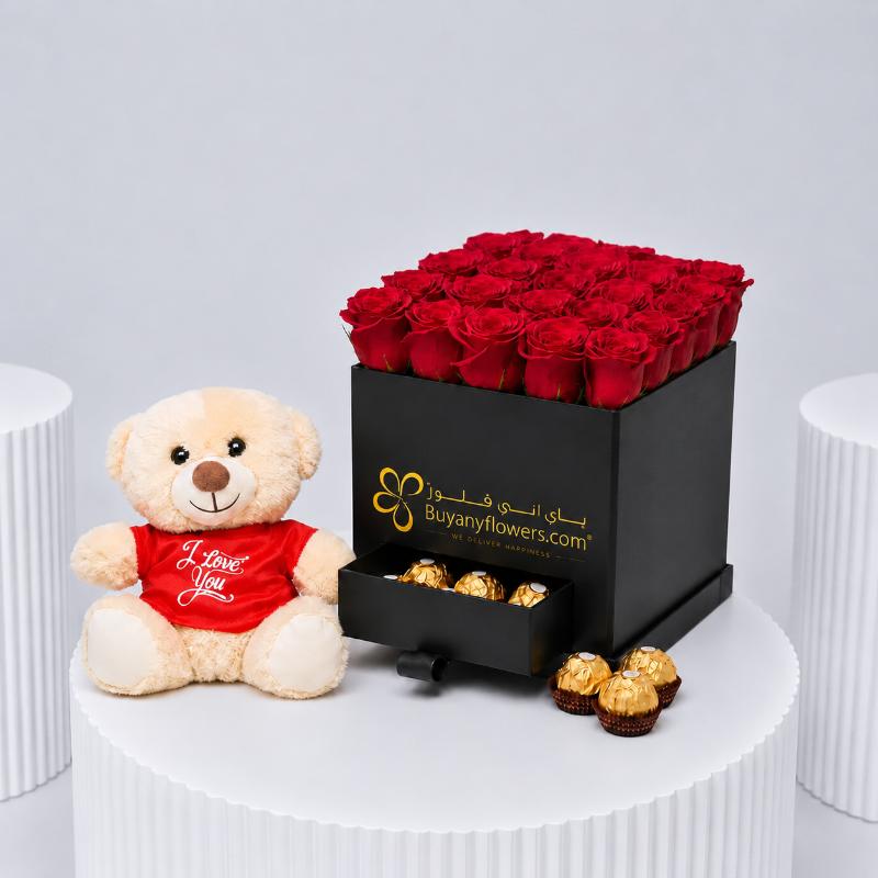 Black Box of Love and I Love You Teddy - Flowers gift from Buy Any Flowers Dubai in Al Quoz Industrial Area 4, Dubai, UAE