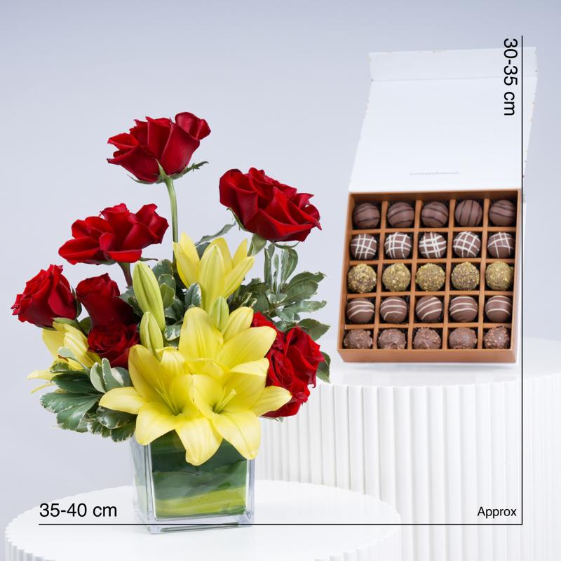 Crown 11 Roses and Lilies Vase with Chocolates - Gift Sets gift from Buy Any Flowers Dubai in Al Quoz Industrial Area 4, Dubai, UAE - image 4