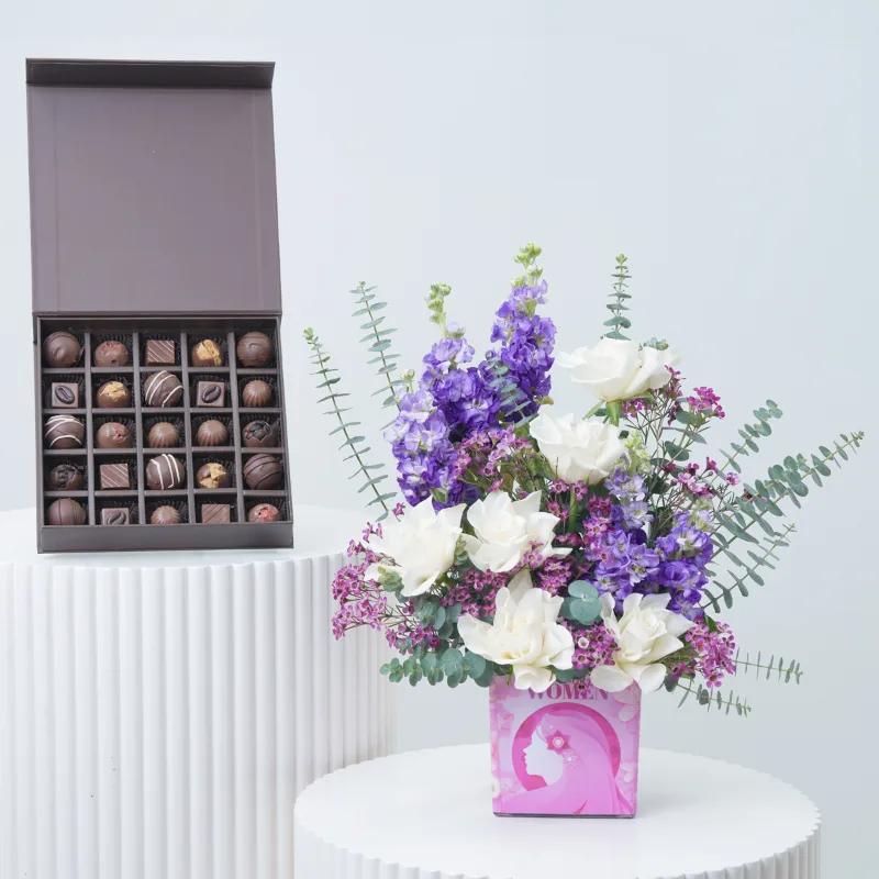 Lavender Grace Glass Vase With Chocolate - Gift Sets gift from Buy Any Flowers Dubai in Al Quoz Industrial Area 4, Dubai, UAE