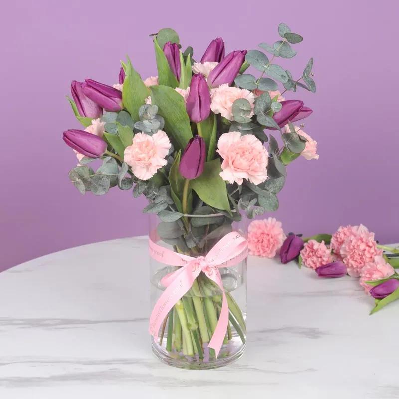 Passion 21 Tulips and Carnations In Vase - Flowers gift from Buy Any Flowers Dubai in Al Quoz Industrial Area 4, Dubai, UAE