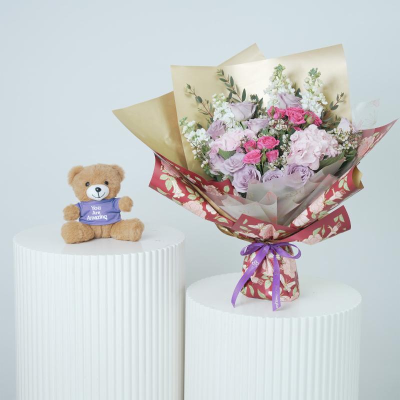 Royal Blush Bouquet With Teddy - Gift Sets gift from Buy Any Flowers Dubai in Al Quoz Industrial Area 4, Dubai, UAE