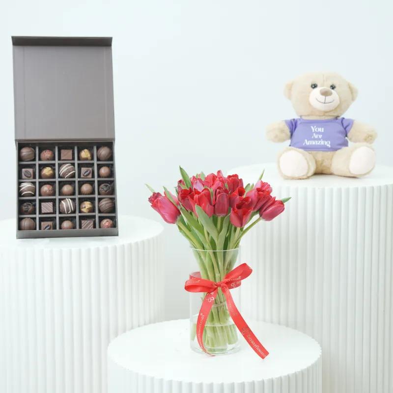 Love 21 Red Tulips Vase Trio - Gift Sets gift from Buy Any Flowers Dubai in Al Quoz Industrial Area 4, Dubai, UAE