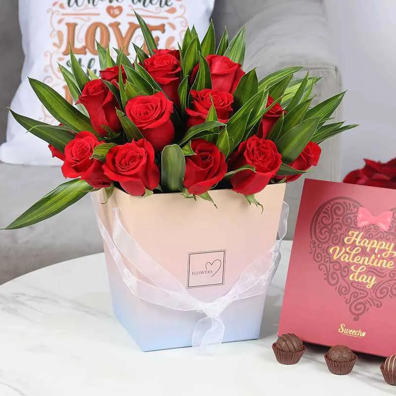 Box of Love 21 Red Roses with Valentine Chocolates By Sweecho thumbnail 3