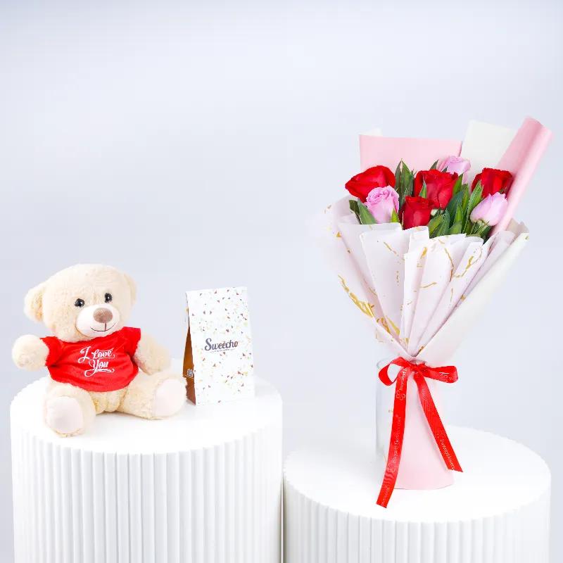 Cutie Pie 7 Roses Bouquet Trio - Gift Sets gift from Buy Any Flowers Dubai in Al Quoz Industrial Area 4, Dubai, UAE