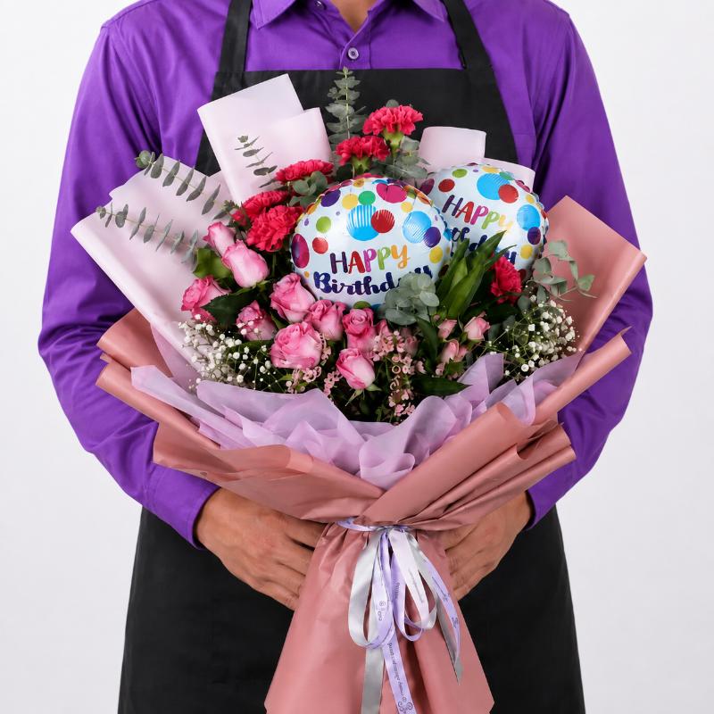 Mauve Flowers and Birthday Balloons Bouquet - Balloons gift from Buy Any Flowers Dubai in Al Quoz Industrial Area 4, Dubai, UAE - image 3