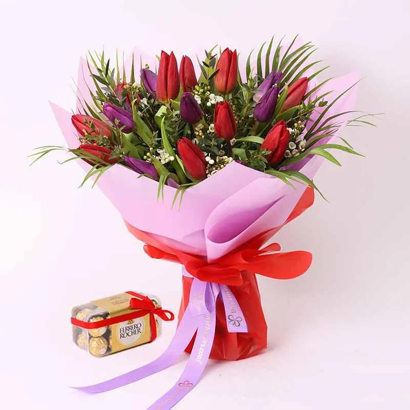 Scarlet Beauty 19 Tulips Bouquet and Ferrero Rocher
