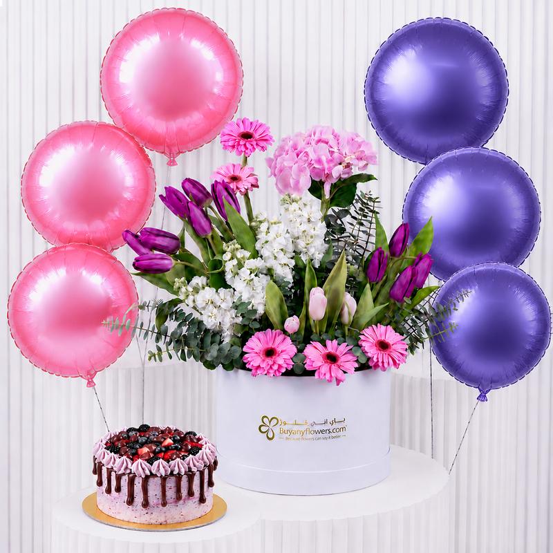 Symphony Flowers with Cake and Balloons - Gift Sets gift from Buy Any Flowers Dubai in Al Quoz Industrial Area 4, Dubai, UAE