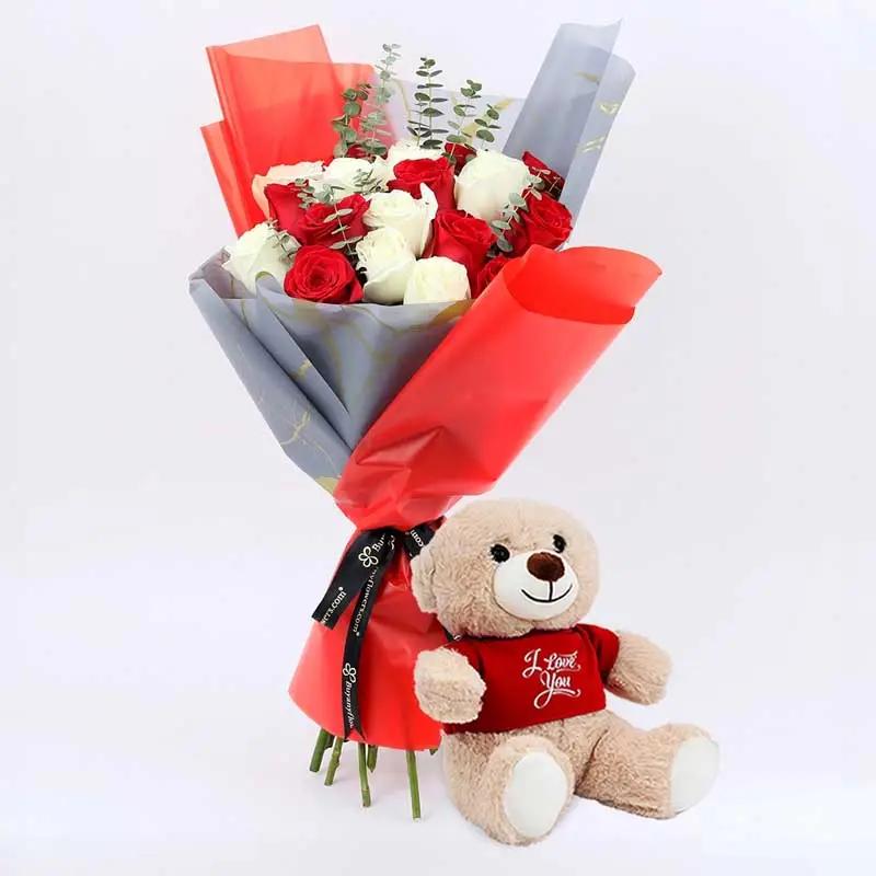 Beauty in Red and White 21 Roses Bouquet with Teddy thumbnail 1