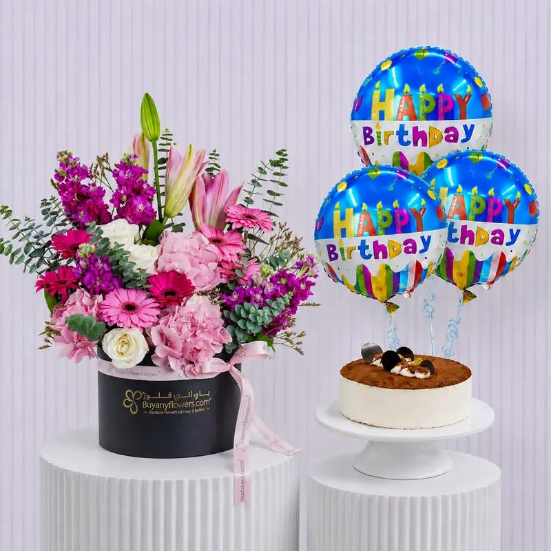 Pastel Whisper Flowers with Cake and Balloons - Gift Sets gift from Buy Any Flowers Dubai in Al Quoz Industrial Area 4, Dubai, UAE