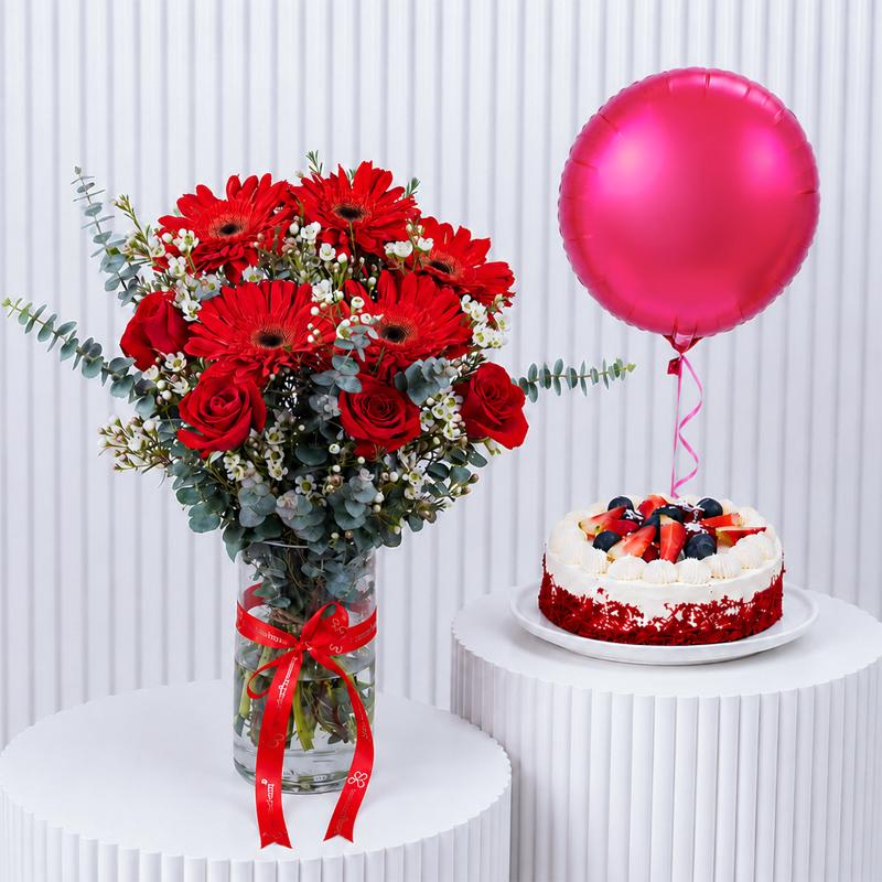 Crimson Gerbera with Cake and Balloon - Cakes gift from Buy Any Flowers Dubai in Al Quoz Industrial Area 4, Dubai, UAE