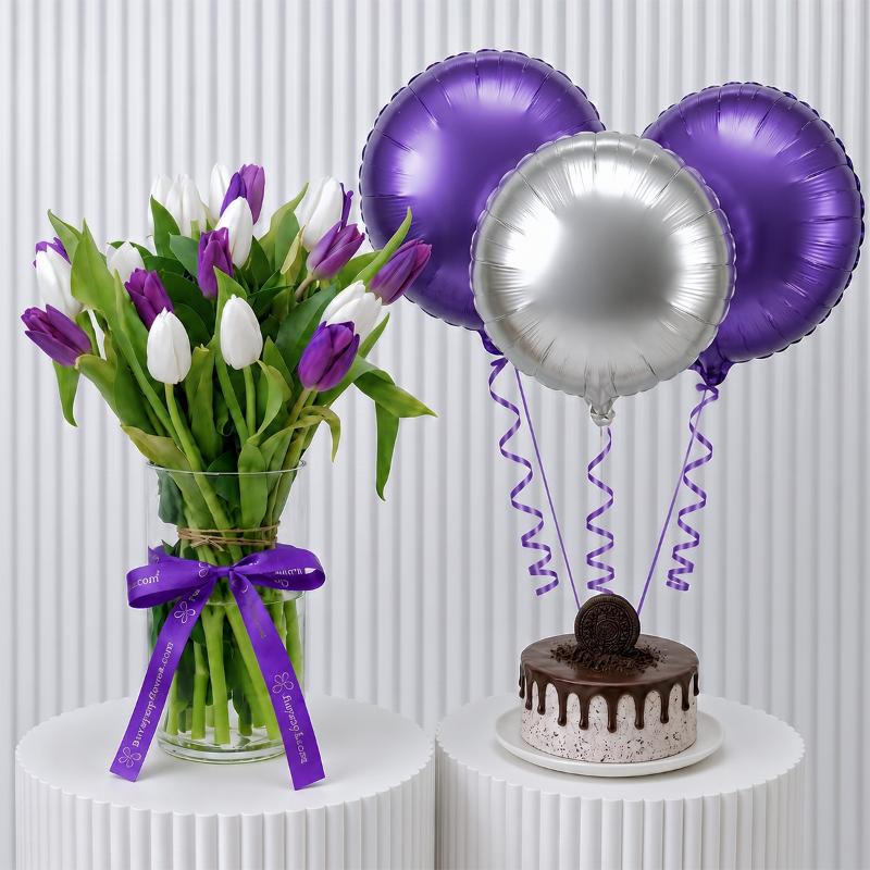 Purple and White Tulips with Cake and Balloon in Dubai