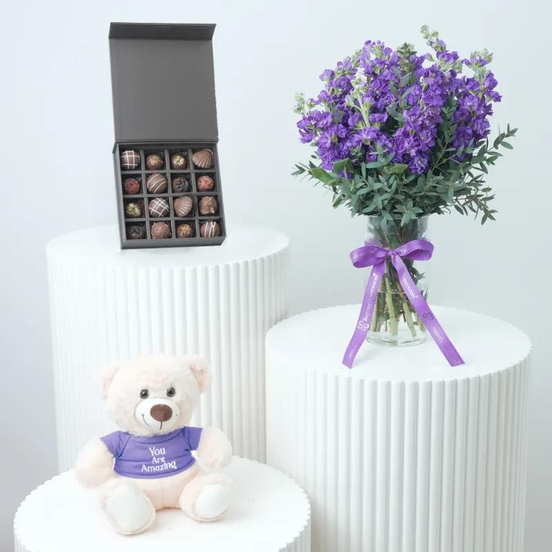 Purple Beauty 11 Matthiola With Trio - Gift Sets gift from Buy Any Flowers Dubai in Al Quoz Industrial Area 4, Dubai, UAE