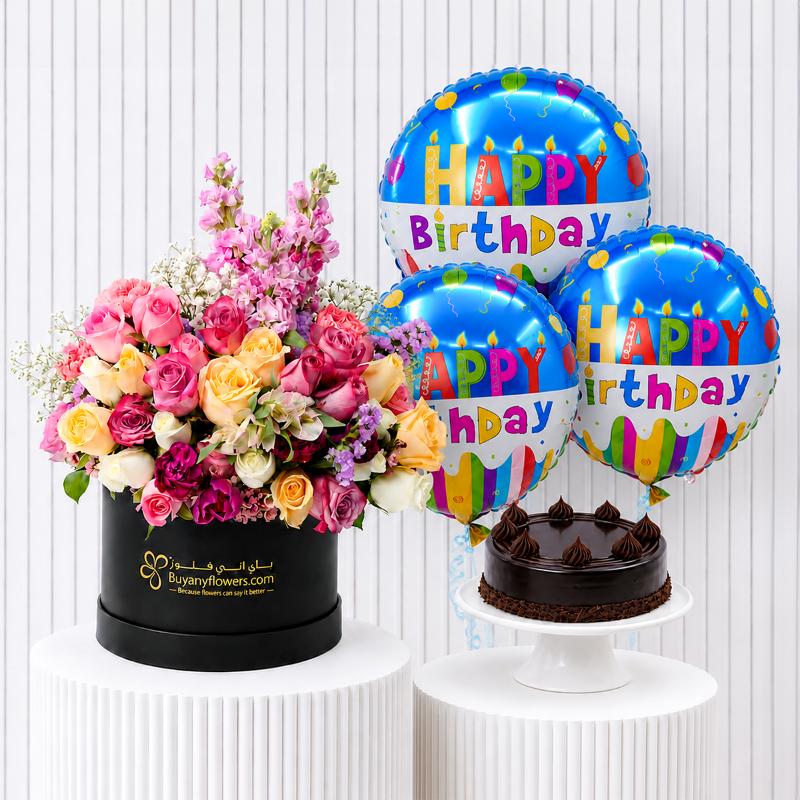 Pastel Elegance Flowers with Cake and Balloon in Dubai