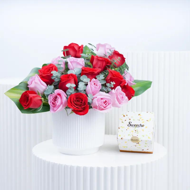 Blush Red and Pink Roses Arrangement with Chocolates - Gift Sets gift from Buy Any Flowers Dubai in Al Quoz Industrial Area 4, Dubai, UAE