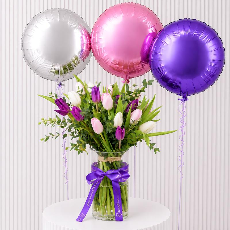 Painted Sky 21 Tulips and Balloons - Gift Sets gift from Buy Any Flowers Dubai in Al Quoz Industrial Area 4, Dubai, UAE