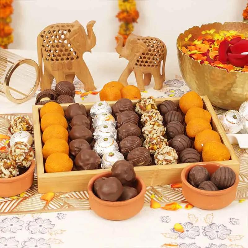 Diwali Sweets and Chocolates in Bamboo Tray thumbnail 3