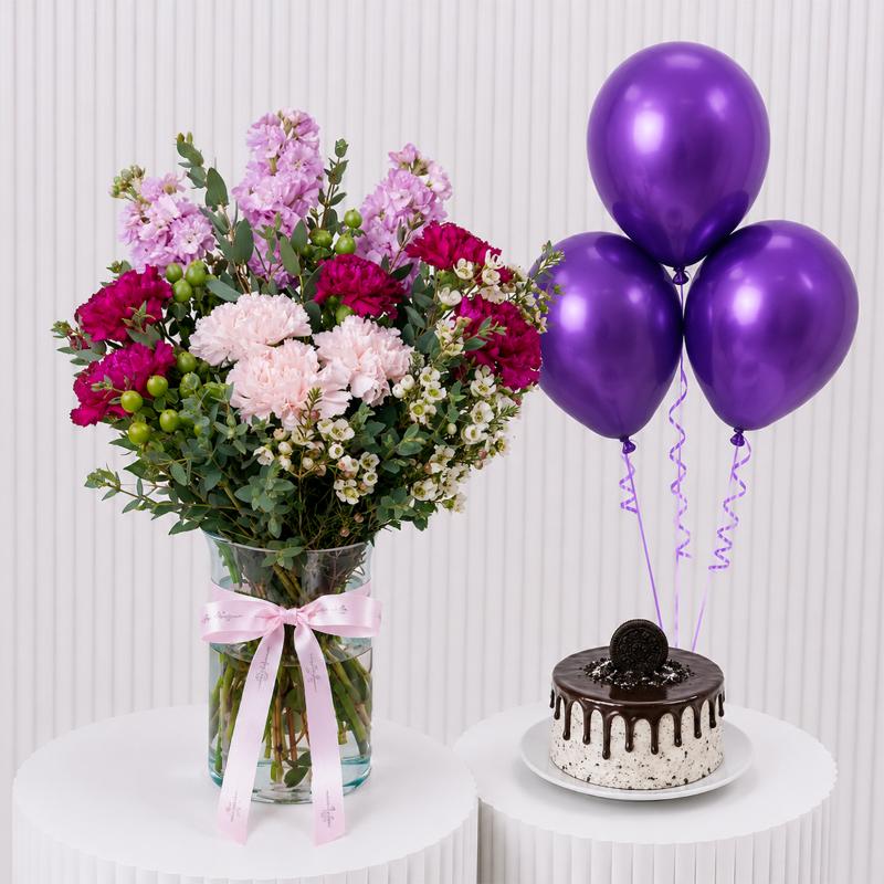 Rosy Charm with Cake and Balloon - Gift Sets gift from Buy Any Flowers Dubai in Al Quoz Industrial Area 4, Dubai, UAE