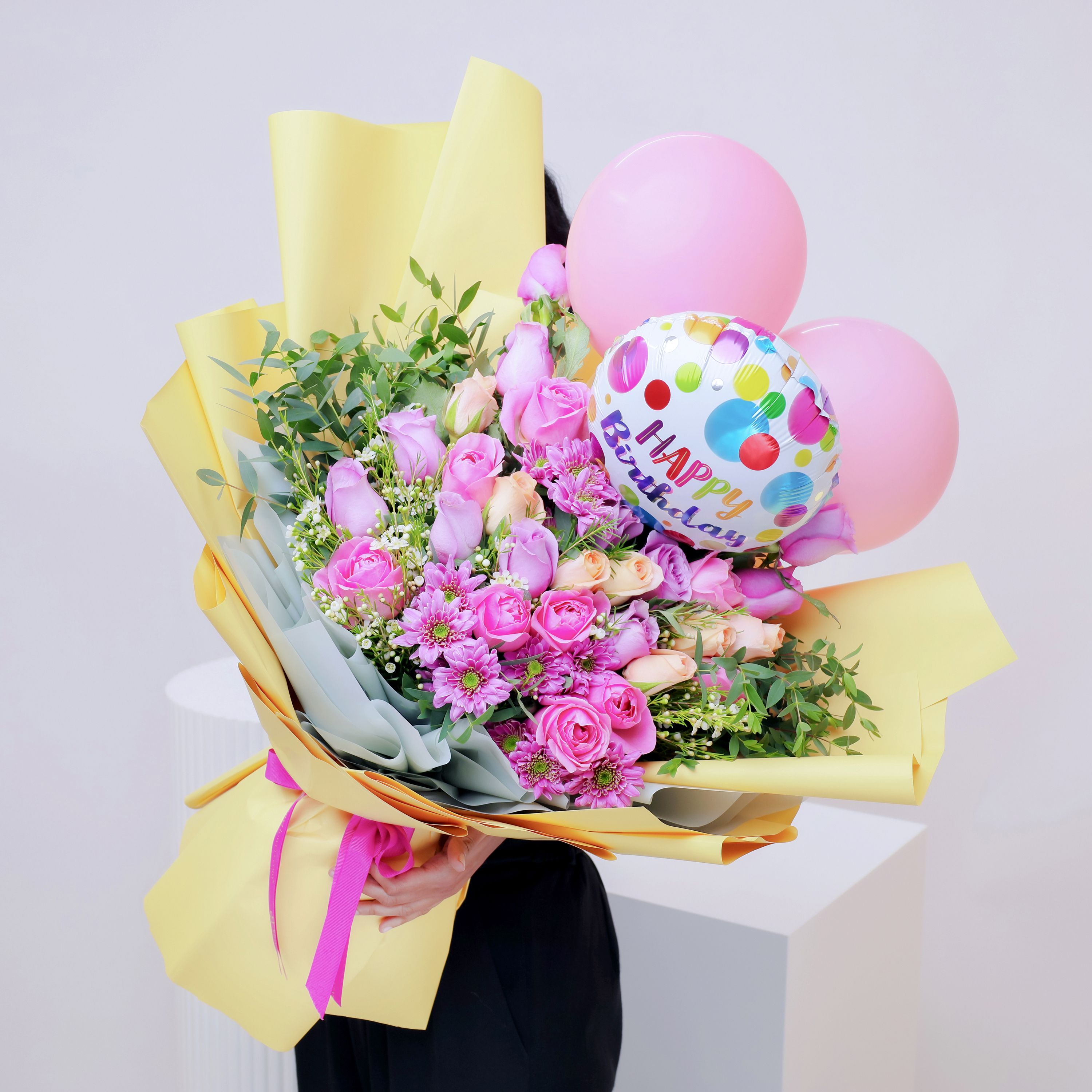 Pastel Flowers and Birthday Balloons Bouquet thumbnail 2
